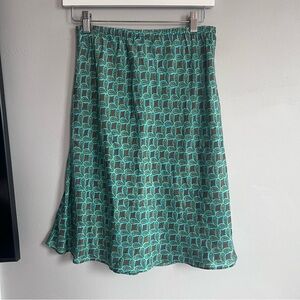 Vintage Y2K Silk Printed Midi Skirt Elastic Waist Teal Brown M Made in USA